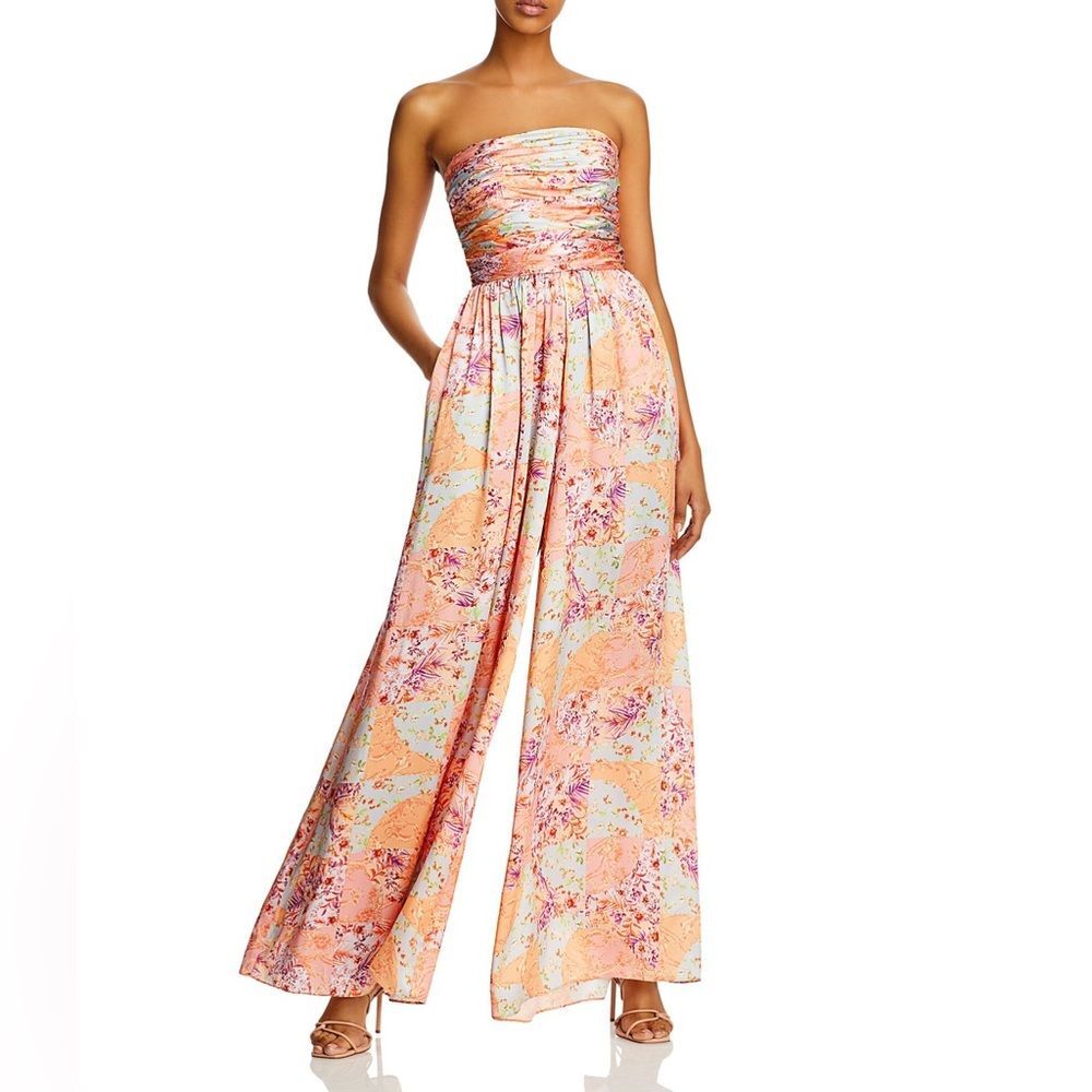AMUR  Strapless Floral Maxi Dress Size 4 Peach Blue Smocked Bodice Wide Leg Flow - Picture 2 of 13